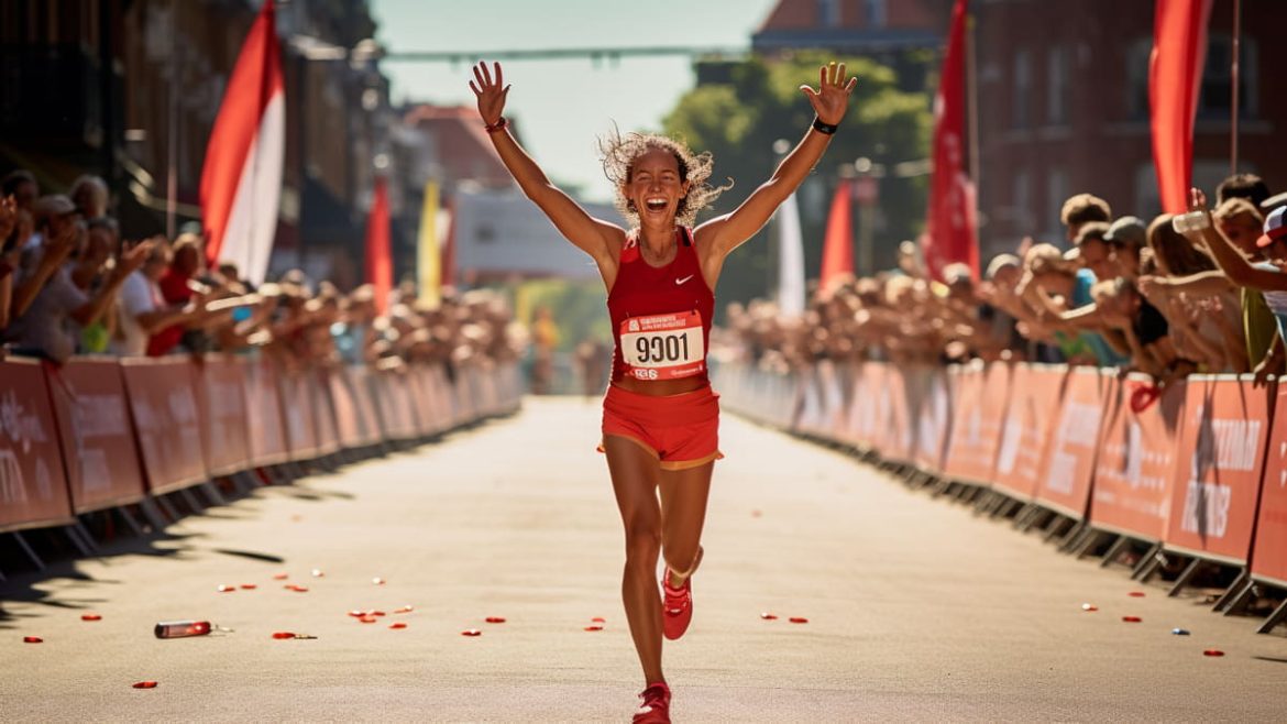 Chica cruzando la meta en una maratón