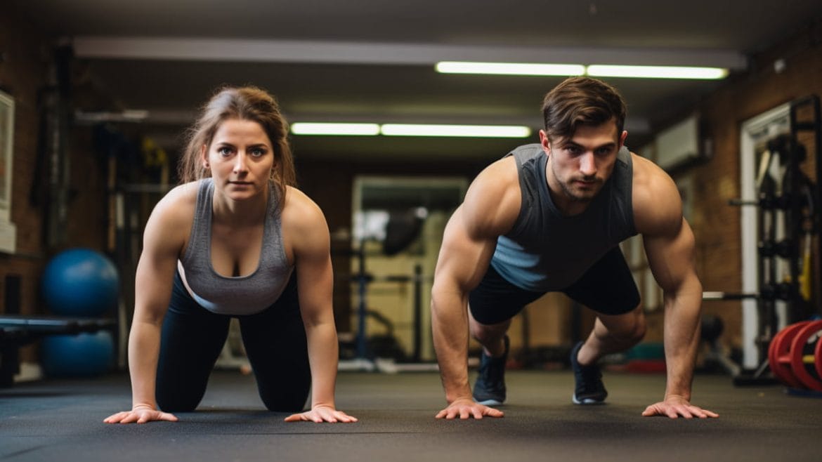 Hombre y mujer haciendo un burpee en un vox de CrossFit