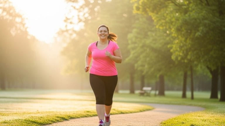 Chica con sobrepeso corriendo por un parque