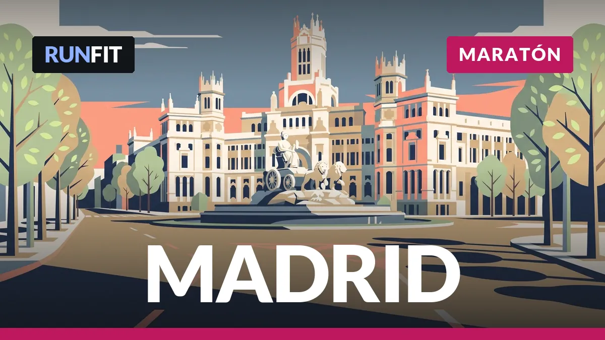 Ilustración de la fuente de Cibeles y el Palacio de Cibeles en Madrid, con el título Madrid y la etiqueta Maratón